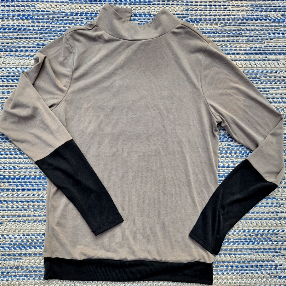 Women's Taupe Long-Sleeve Top with Black Cuff and Hem
